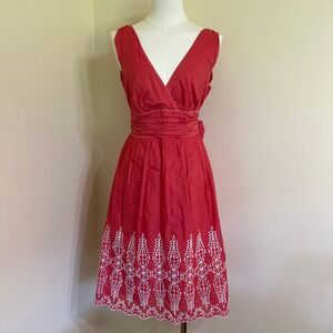 Max Studio Red Cotton Eyelet Hem Fit Flare Dress Back Bow Surplice V-Neck Medium